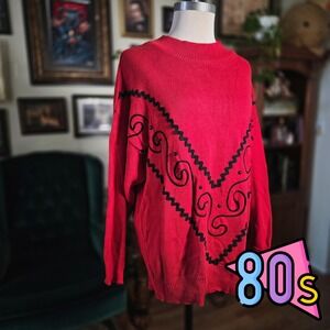 Me 2 Sweater Vintage 80s Womens Large Red‎ Cotton Knit Graphic Pullover USA Made